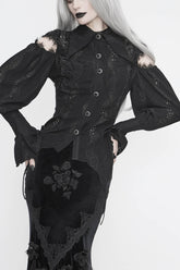 Black Front Chest Webbing Appliques Hollow-Out Lantern Sleeve Flare Cuff Back Waist Lace Up Women's Gothic Blouse